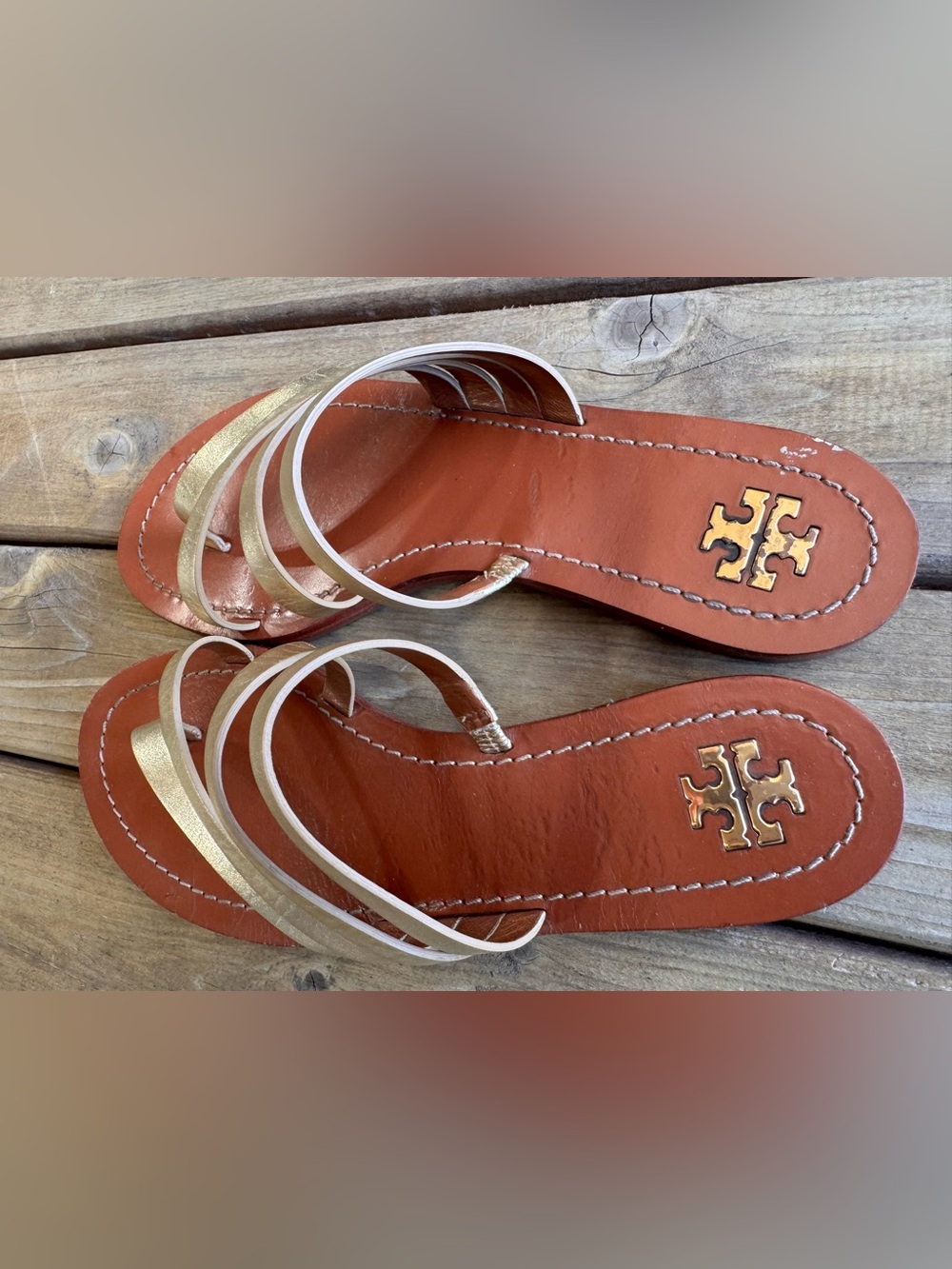Tory Burch Metallic Gold Multi-Strap Leather Slide Sandals - Picture 3 of 7